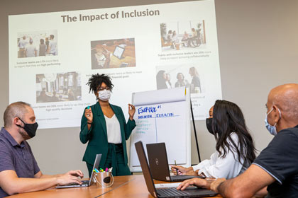 group of people dicussing around a whiteboard