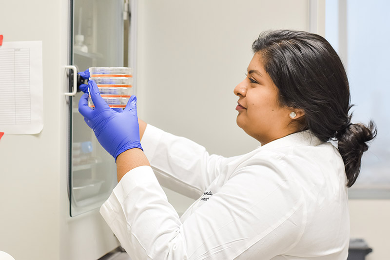 Woman in lab coat holding small trays