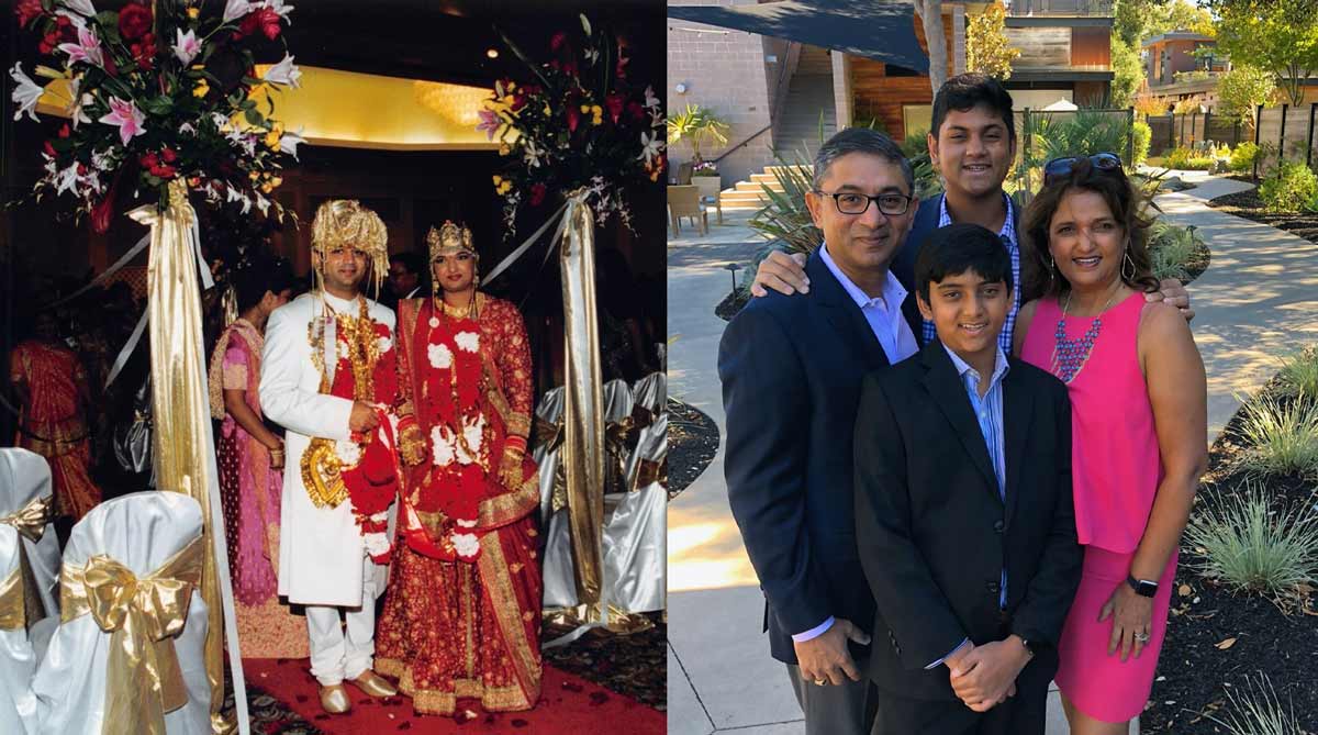 Photo of couple at Indian wedding on left, family of four in yard on right