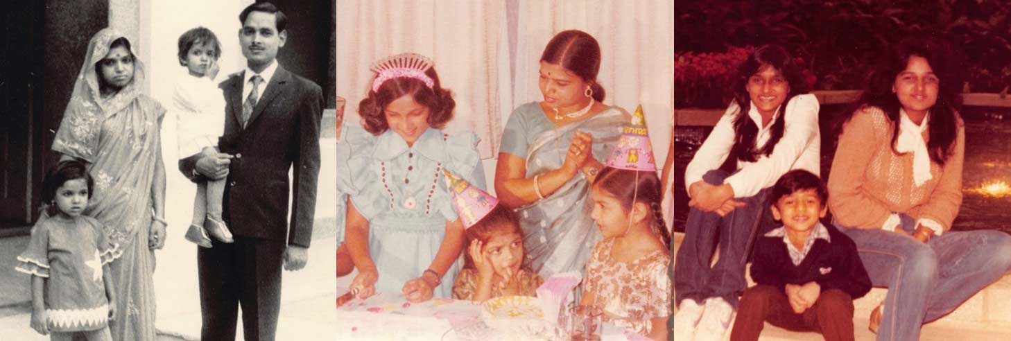 Collage of three photos, one black and white with two adults and two small childre, one of a child's birthday party, and one of three young adults