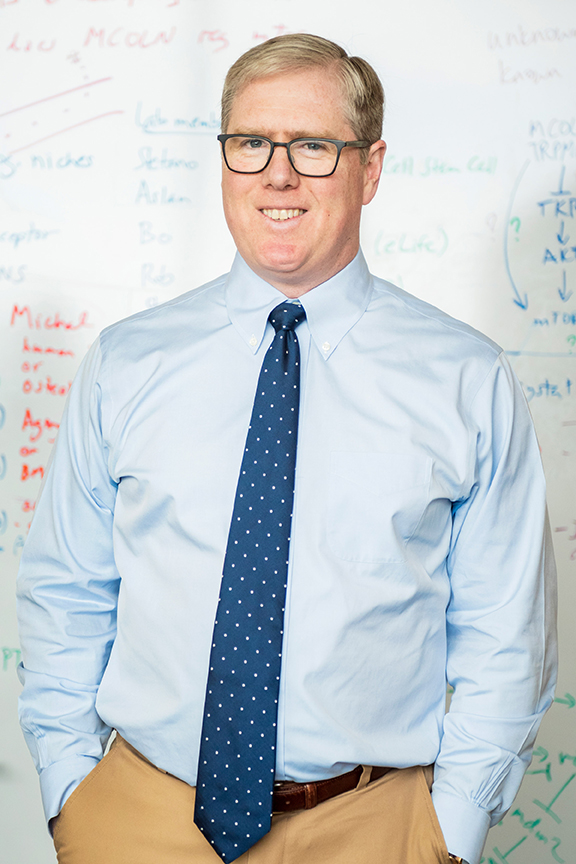Man with glasses, blue shirt, blue tie standing in front of a whiteboard