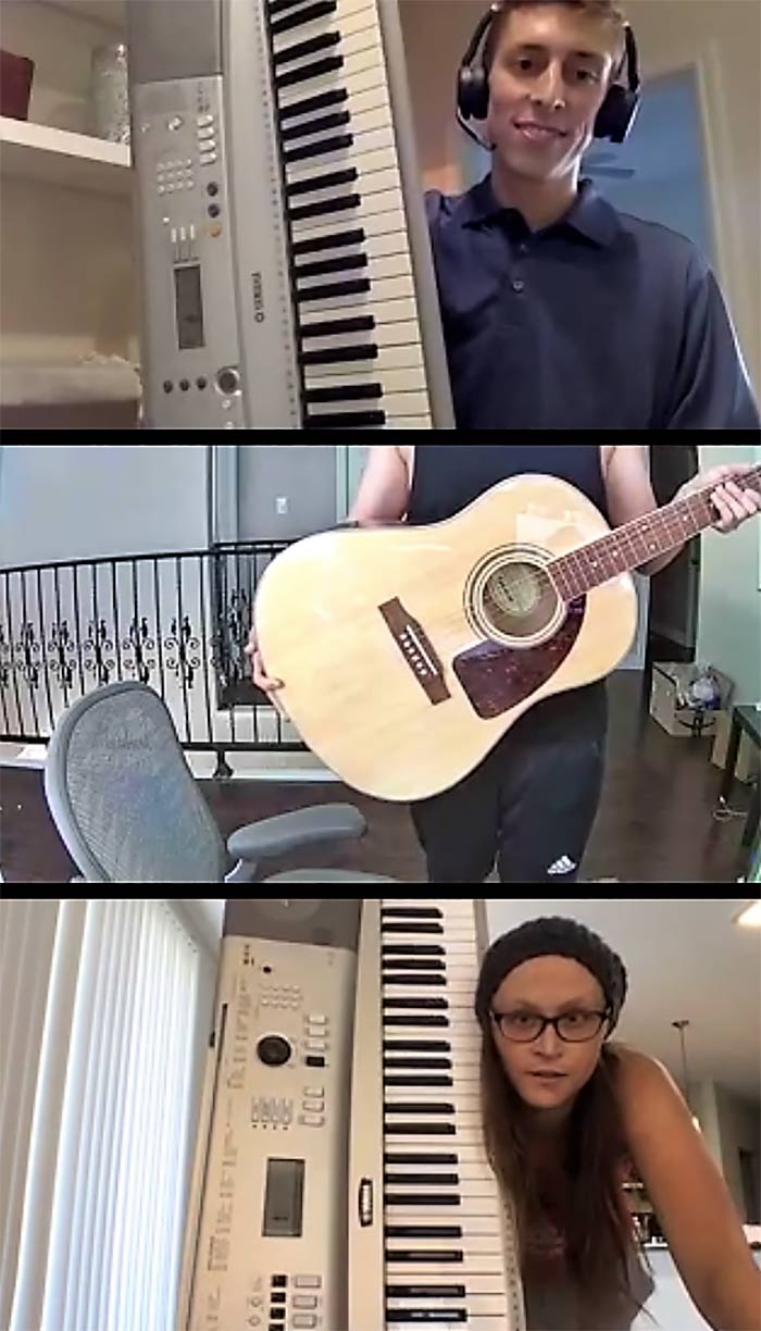 Three boxes from a zoom call, two holding keyboards and one holding a guitar