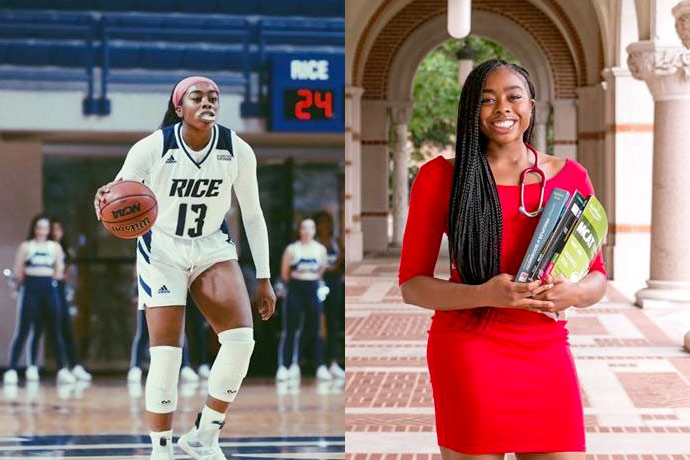 Woman playing basketball next to her headshot holding stethoscope and books