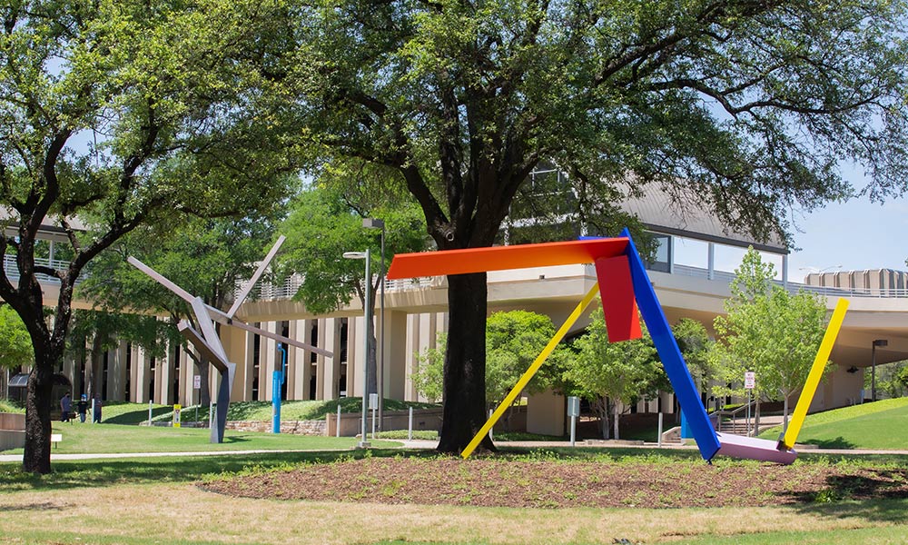 Red yellow and blue metal sculpture