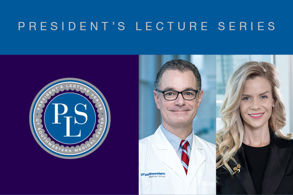 man with glasses in doctor's coat Dr. Daniel Scott (left) and Krystle Campbell (woman with long blonde hair) pictured next to logo for UTSW President's Lecture Series 