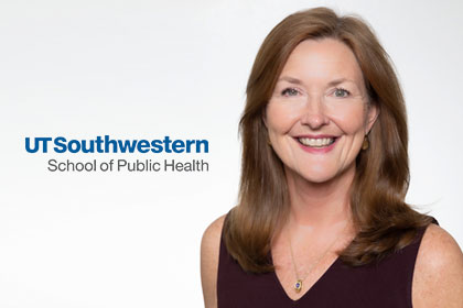 Woman in burgundy shirt next to UTSW School of Public Health logo