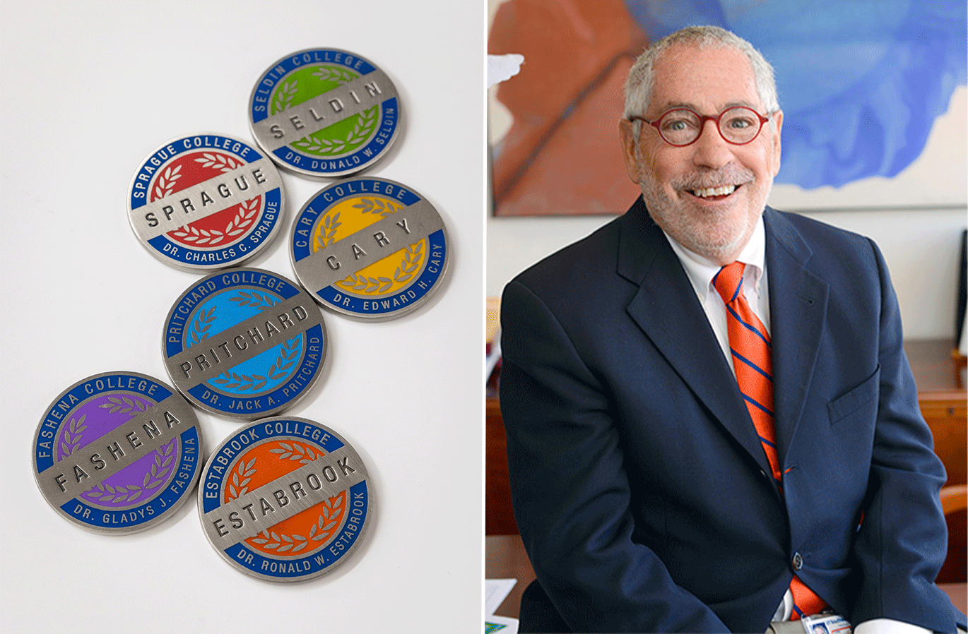 colorful coins on left, Charles Ginsburg on right