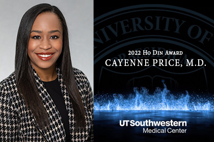 Dark-haired woman wearing a houndstooth jacket on left, banner on the right reads 2022 Ho Din Award, Cayenne Price, M.D. UTSouthwestern Medical Center