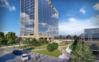 Digital representation of Pegasus Park buildings. Tall granite and glass building on the left, with sky bridge to shorter glass buildings on the right.