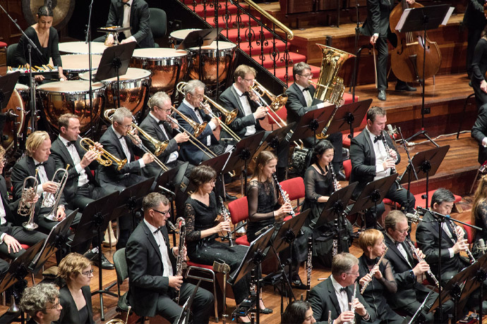 4 tiers of a symphony orchestra, members wearing either tuxedos or black dresses. Instruments include snare drums, brass instruments, woodwind instruments.