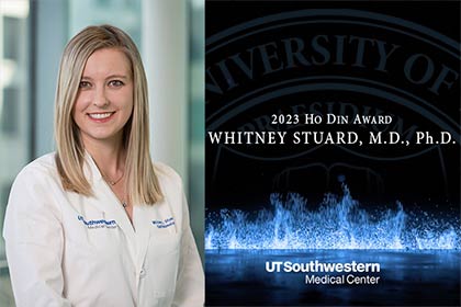 Young woman with long blond hair, wearing a lab coat on the left, banner on the right reads 2023 Ho Din Award, Whitney Stuard, M.D., Ph.D. UTSouthwestern Medical Center