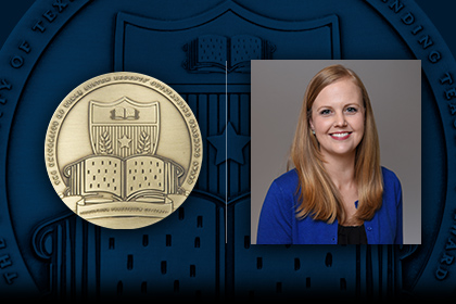 gold university seal at left, woman with long blonde hair on right