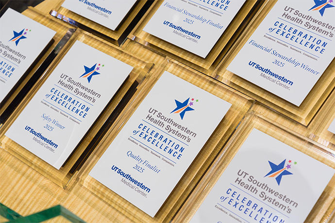 The awards Glass awards for UT Southwestern Health Systems, Celebration of Excellence, Excellence, Innovation, Teamwork, and Compassion 2025 Finalists