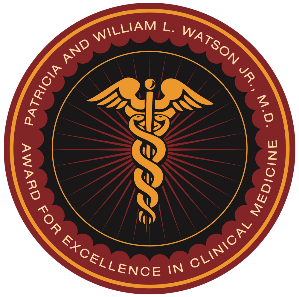 Seal with two snakes wrapped on a pole, with the Patricia and William L. Watson Jr award written around the edge