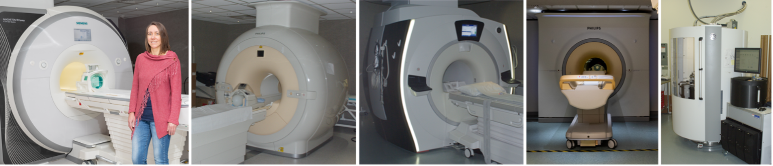 From left to right: Dr. Anke Henning with 3T Siemens Prisma MR, 3T Philips Achieva MR, 3T GE Discovery 750w MR, 7T Philips Achieva MR, and GE 5T SPINlab clinical polarizer