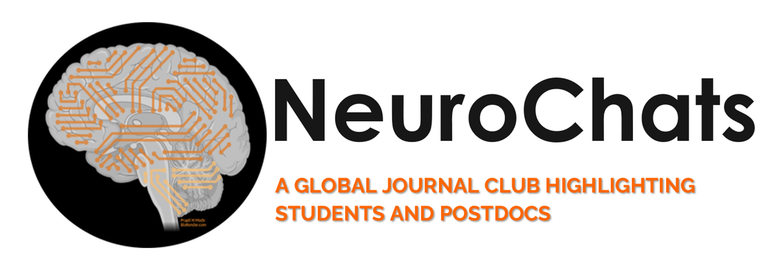 Text with NeuroChats, a global journal club highlighting students and postdocs with a orange brain photo on a black background