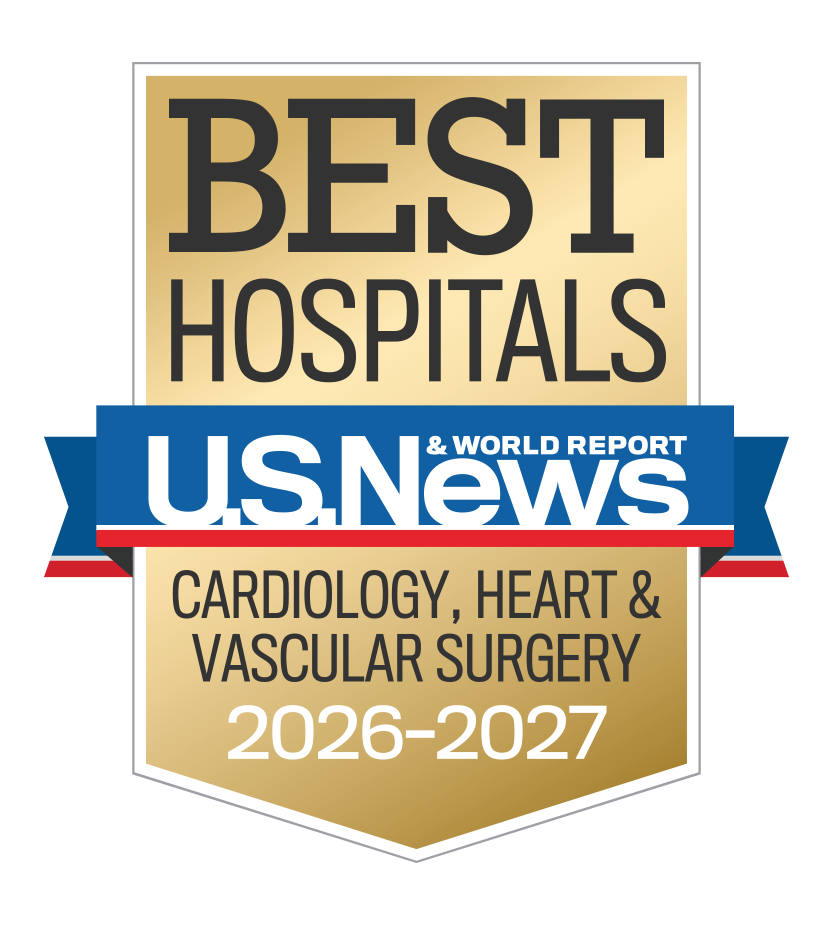 Gold shield with blue ribbon and text that states Best Hospitals U.S. News & World Report Cardiology, Heart, and Vascular Surgery