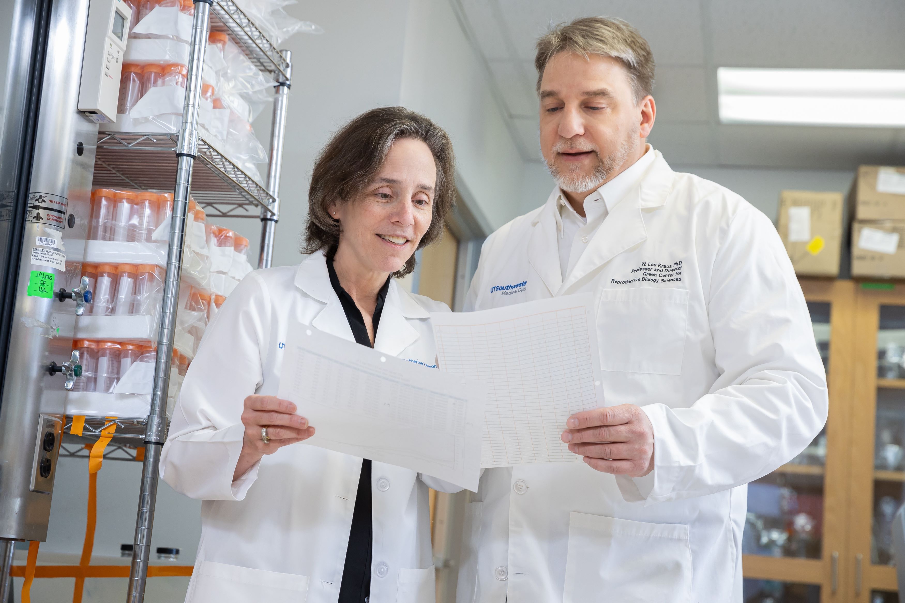 Cathy Spong, M.D., Chair of Obstetrics and Gynecology with W. Lee Kraus, Ph.D., Director of the Green Center in 2024