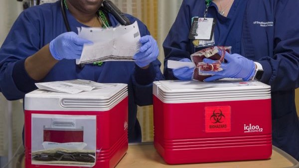 2 nurses study paperwork for transplant materials