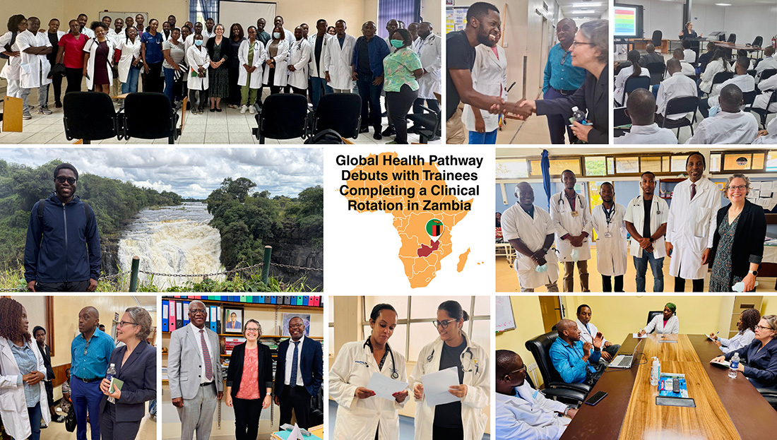 Collage of global health clinical training in Zambia, showing trainee group photos, classroom instruction, clinical mentoring, meetings, and local landscapes.