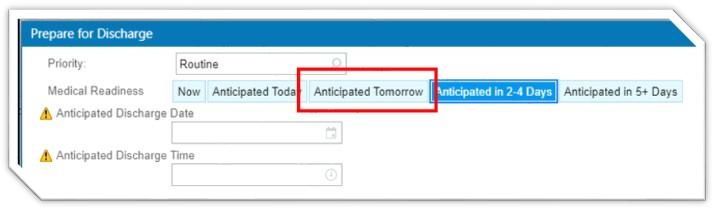 A screenshot of the Prepare for Discharge window with the Anticpated Tomorrow option highlighted by a red box
