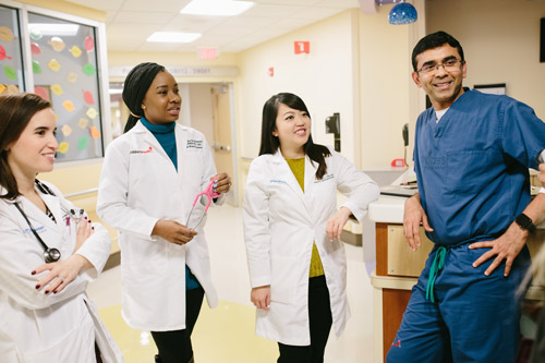 Three female and a male doctor have a discussion in a hospital hallway