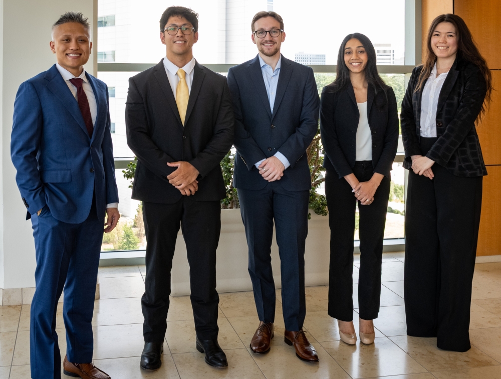 Plastic surgery student researchers 2026-27, from left: Ethan Lumongsud, Ryan Dominguez, Adam Meyer, Radhika Patel, and Athena Brooks