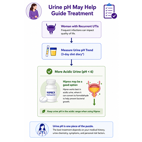 Urine pH May Help Guide Treatment; Woman with Recurrent UTIs: Frequent infections can impact quality of life. Measure Urine pH Trend (3-day diet diary); More Acidic Urine (pH <6) Hiprex may be a good option: Hiprex works best in acidic urine, where it can convert to formaldehyde to help prevent bacterial growth. Keep urine pH in the acidic range when using Hiprex; Urine pH is one piece of the puzzle. The best treatment depends on your medical history, urine chemistry, symptoms, and personal risk factors. 