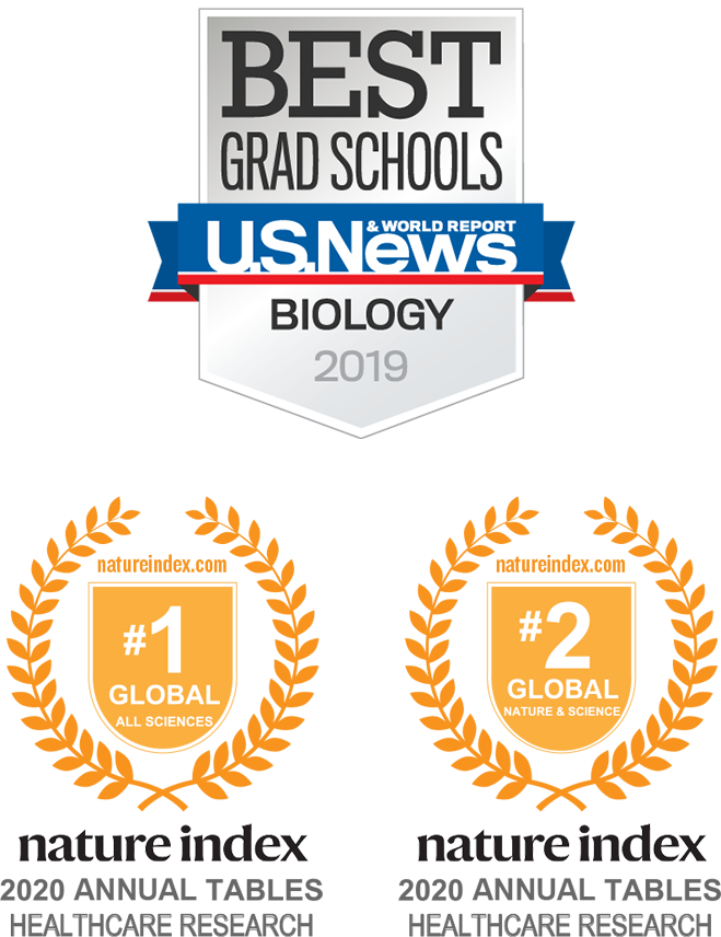 U.S. News badge for Biology 2019 and Nature Index badges for No. 1 in Global All Sciences and No. 2 in Global Nature and Science
