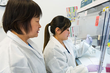 Two women work in a lab