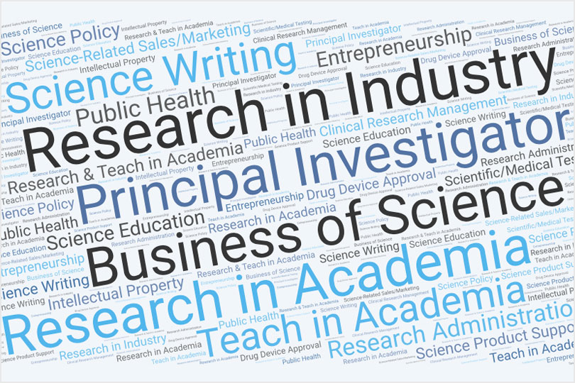 WordCloud of possible career outcomes Word cloud of career outcomes for graduates; top five are: