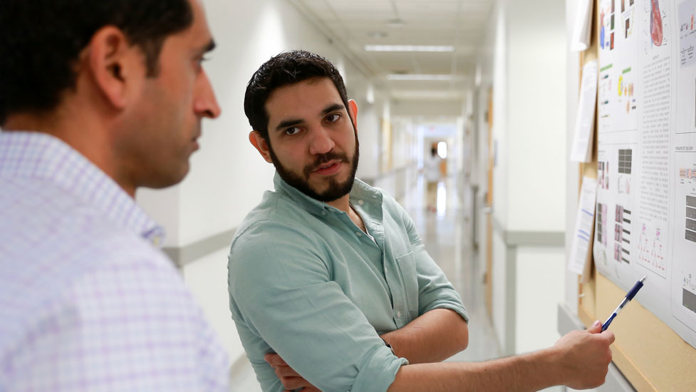 Students discussing a poster on the bulletin board