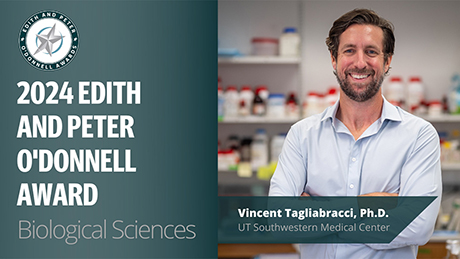 Vincent Tagliabracci, Ph.D. alongside text that reads 2024 Edith and Peter O'Donnell Award Biological Sciences