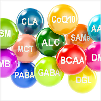 Set of amino acids. AAKG, ALC, BCAA, CLA, CoQ10, GABA, DGL, HMB, MCT, MSM, SAMe, DMG, PABA, 3D rendering. Amino Acid