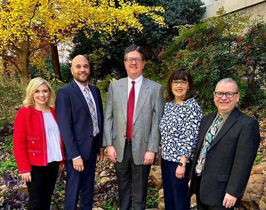 Medical School Deans, from left, Drs. Sarah Baker, Norberto Rodriguez-Baez, Blake Barker, Angela Mihalic, and Rene Galindo,