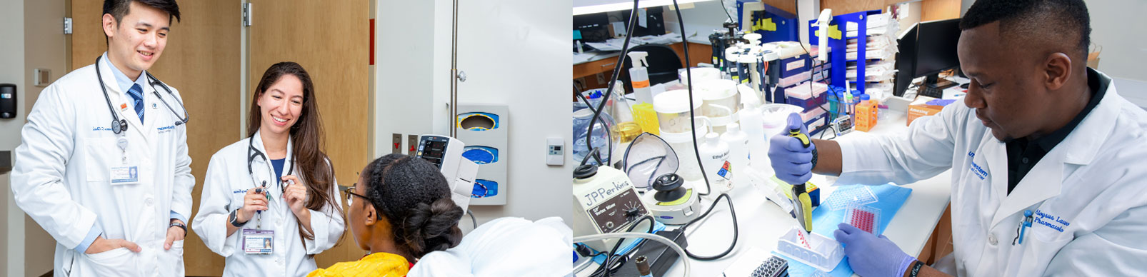 Composite image of two medical students with a female patient and a researcher in the lab