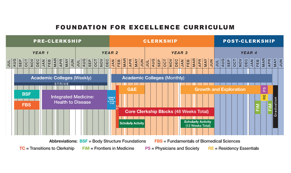 Abbreviations: BSF = Body Structure Foundations; FBS = Fundamentals of Biomedical Sciences; MS = Multisystems Health and Disease; FCR = Foundations of Clinical Reasoning; IC = Introduction to Clinics; BTB = Back to Basics; PS = Physicians and Society; TCT = Transitions in Clinical Training. a href= New Curriculum Chart