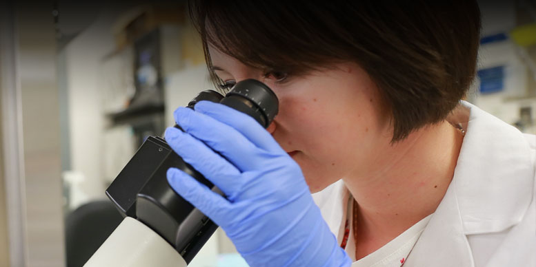 Woman in the lab looking into a microscope