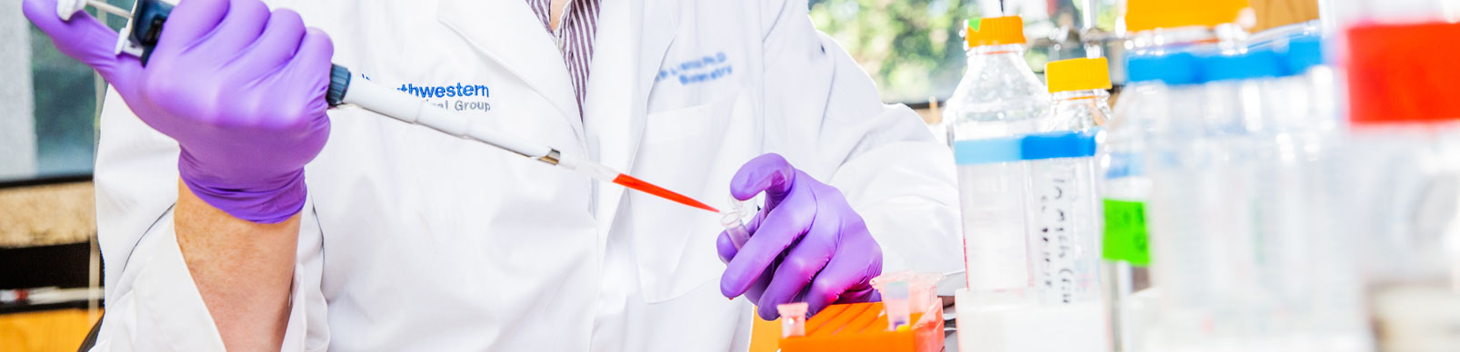 Researcher wearing purple gloves adding red liquid to a tube using a pipette