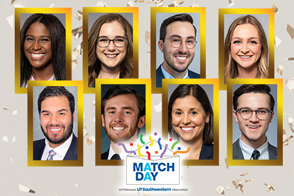 Collage of gold confetti and headshots for each of the 7 students who have been spotlighted, plus match day 2023 logo text