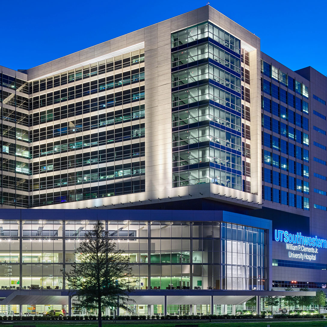 exterior view of UT Southwestern Medical Center’s William P. Clements Jr. University Hospital