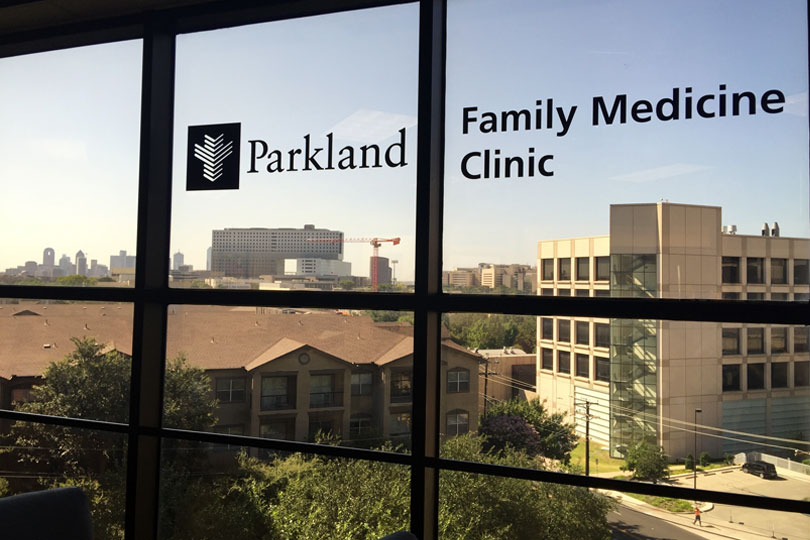 Window of the Parkland Family Medicine Clinic overlooking the UT Southwestern campus