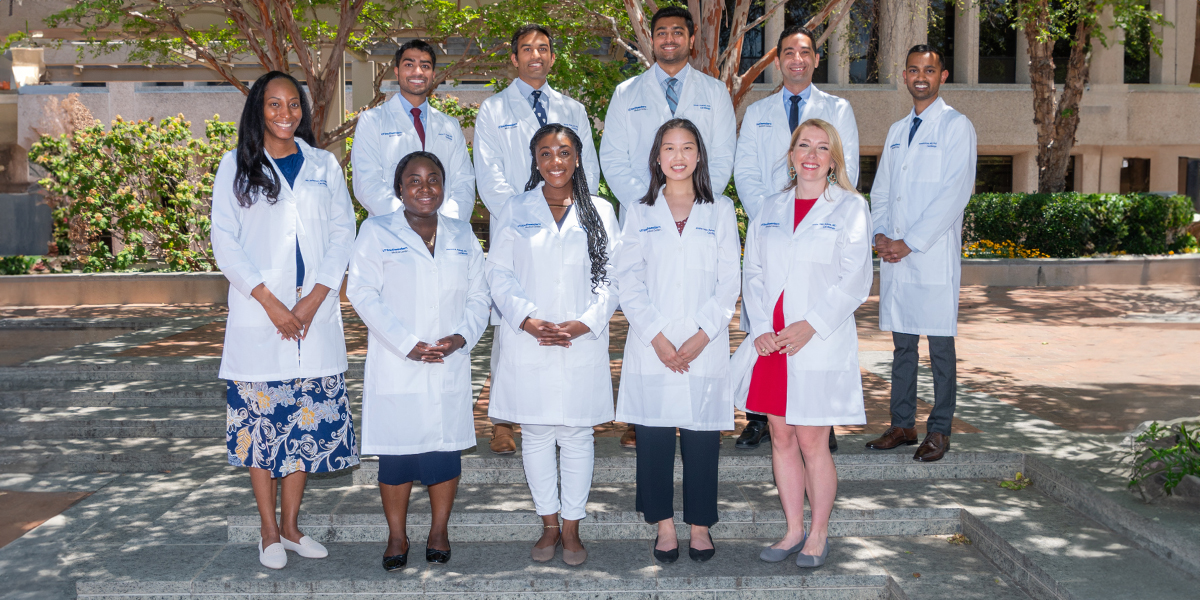 Cardiology welcomes our incoming class of first year fellows for 2023-24 2023-24 First Year Cardiology Fellows standing in a group in the UTSW plaza