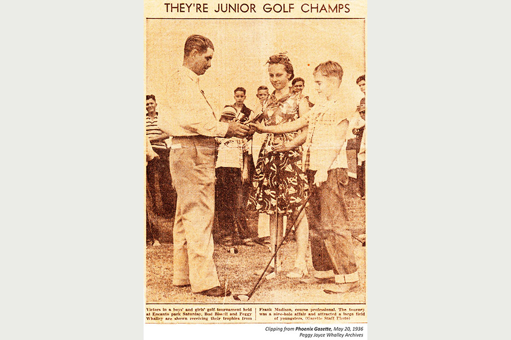 Newspaper clipping of Peggy Whalley as winner of a junior golf tournament at age 9 in 1936