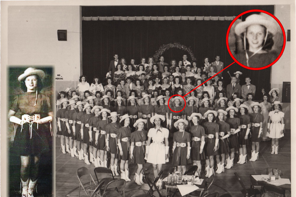 Group photo of the 1946 Kilgore Rangerettes with Peggy Whalley highlighted