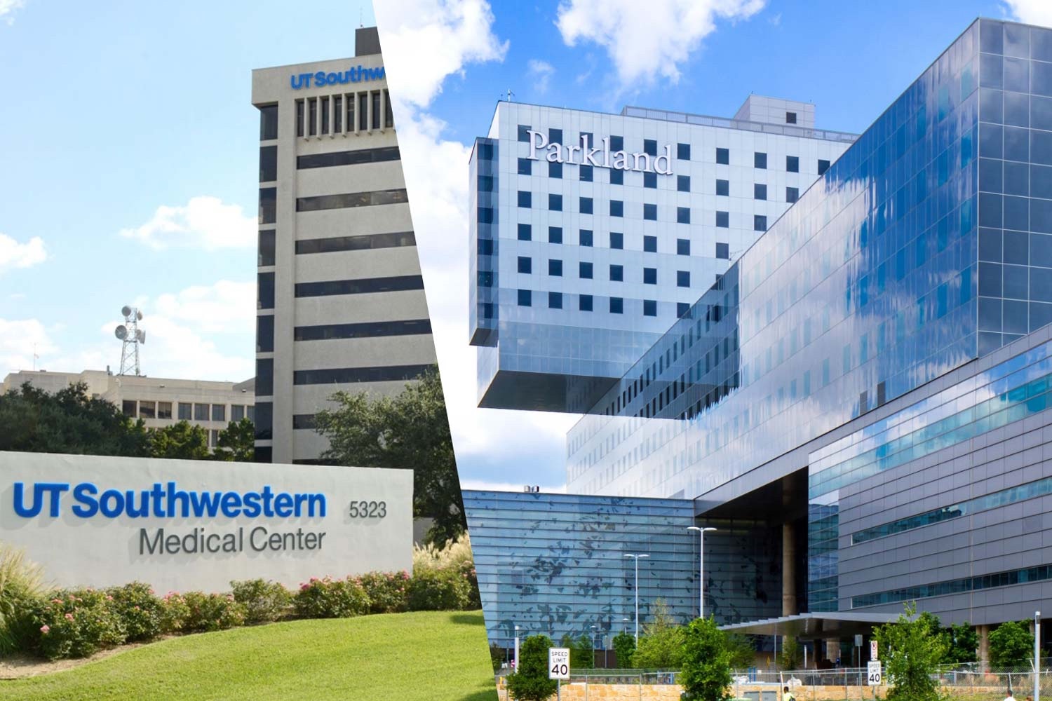 Composite image of a UT Southwestern building and Parkland Memorial Hospital