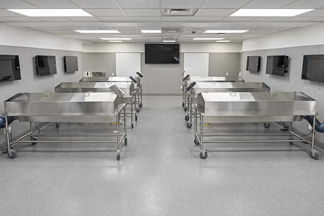 Room in the anatomy lab that contains six stainless steel tables and computer monitors along the walls.