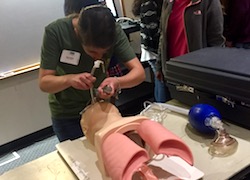Students practice intubation on a mannequin.