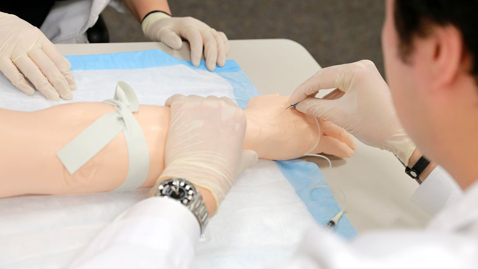 Students sticking a practice needle in a dummy arm