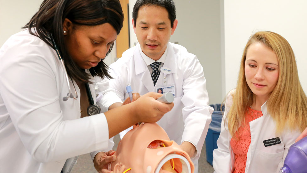 Students practicing on a model of the human head